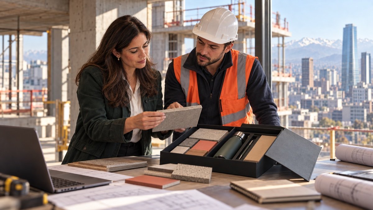 Arquitecta e ingeniero revisan muestras y materiales de bienvenida en una obra.