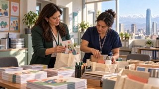 Equipo de un centro comunitario de salud prepara materiales para un programa.