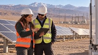 Ingeniera de terreno conversa sobre un kit de operación junto a una planta solar.