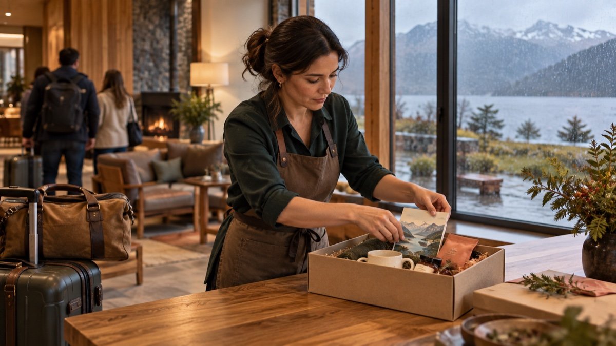 Anfitriona de hotel prepara un kit de bienvenida para huéspedes en el sur de Chile.