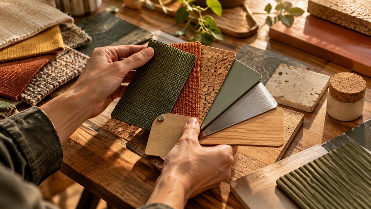 Muestras de papel, madera, metal y tejido reunidas para planificar una campaña.