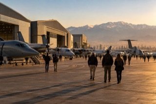 Visualización editorial de una exhibición aeronáutica en una base aérea de Santiago, inspirada en el contexto de FIDAE.