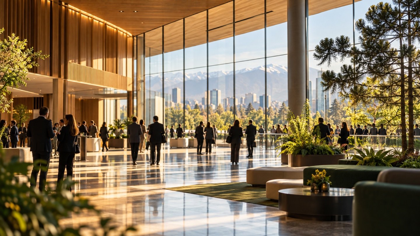 Visualización editorial conceptual de un foyer de convenciones con madera, vegetación y luz natural, para la guía de CentroParque.
