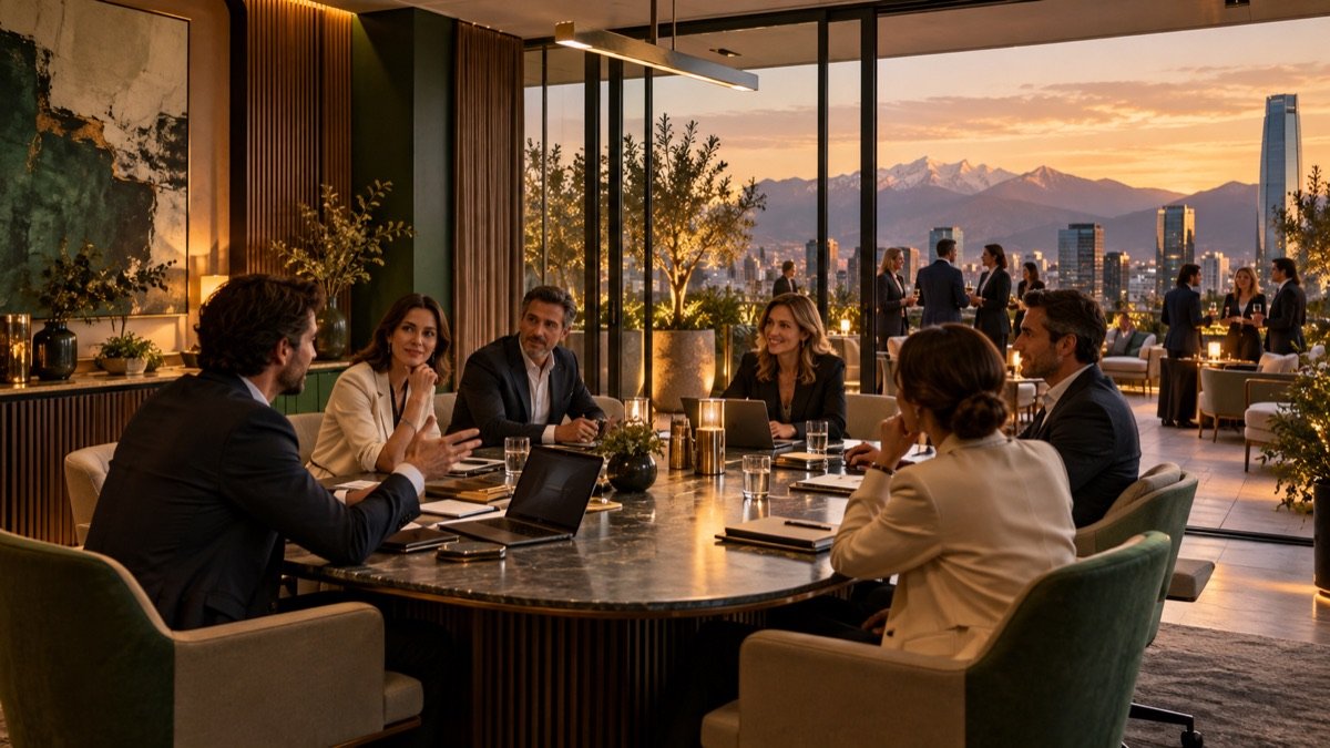 Escena editorial conceptual de una reunión estratégica conectada con un rooftop de networking en Las Condes.