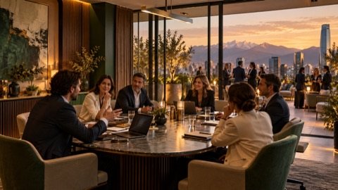Escena editorial conceptual de una reunión estratégica conectada con un rooftop de networking en Las Condes.
