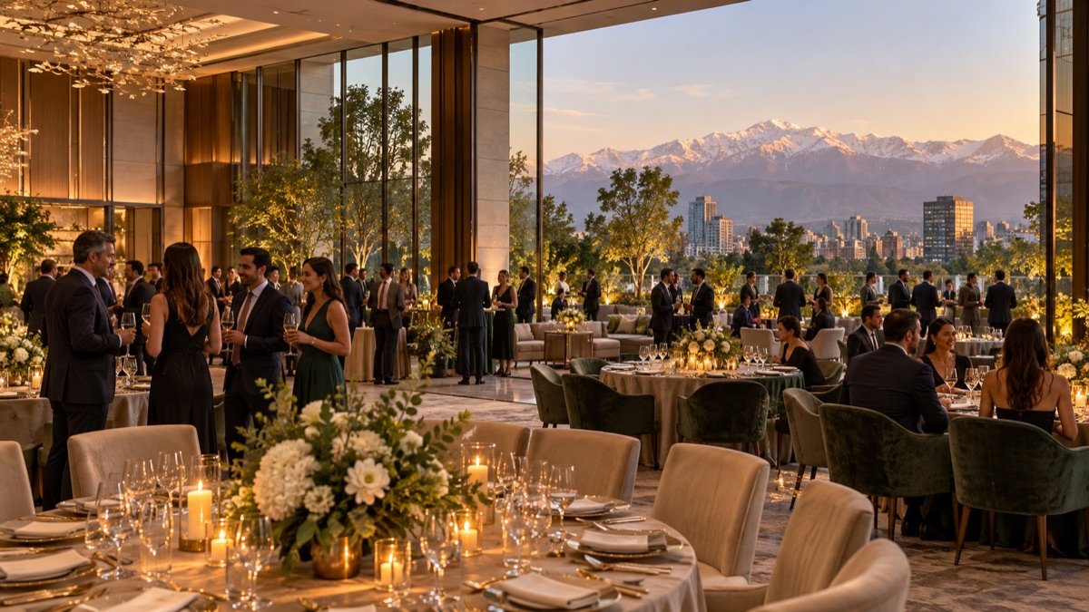 Escena editorial conceptual de una gala corporativa en un hotel de lujo con jardines y vista a los Andes.