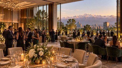 Escena editorial conceptual de una gala corporativa en un hotel de lujo con jardines y vista a los Andes.