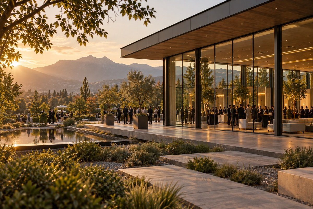 Visualización editorial de un centro de eventos contemporáneo junto a un parque arbolado en Santiago, inspirada en Metropolitan Santiago.