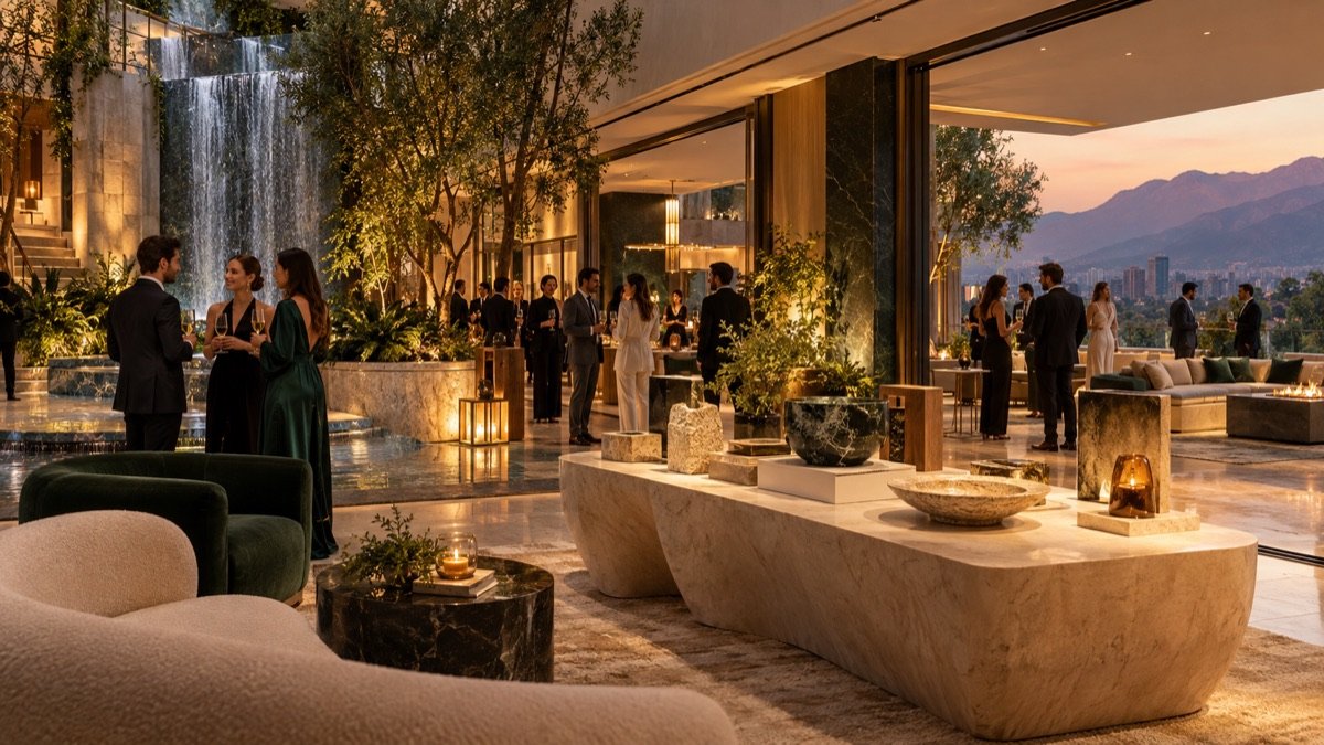 Escena editorial conceptual de un lanzamiento de marca en un hotel de diseño con foyer, cascada y terrazas.