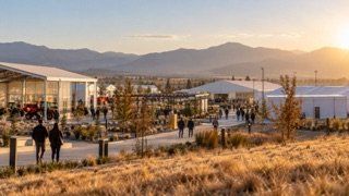 Visualización conceptual de un parque ferial exterior en la zona poniente de Santiago con pabellones y senderos.
