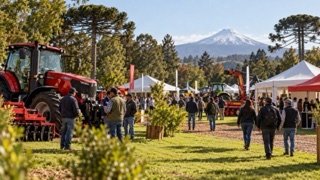 Visualización editorial conceptual de una feria de maquinaria agrícola y pabellones en un parque del sur de Chile.