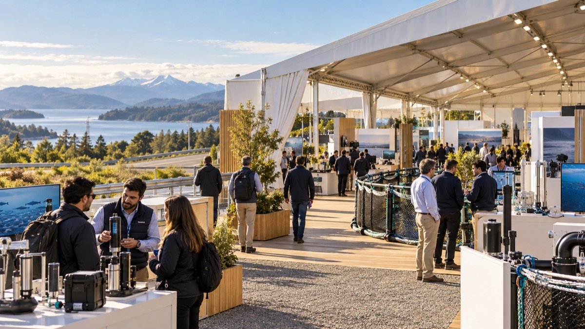 Pabellón temporal de una feria acuícola junto a un paisaje lacustre del sur de Chile; imagen conceptual, no fotografía del recinto AquaSur 2026.