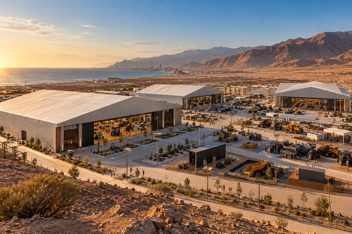Visualización editorial de un recinto ferial en el paisaje desértico costero de Antofagasta, con pabellones y explanadas; no es un registro documental de Exponor.