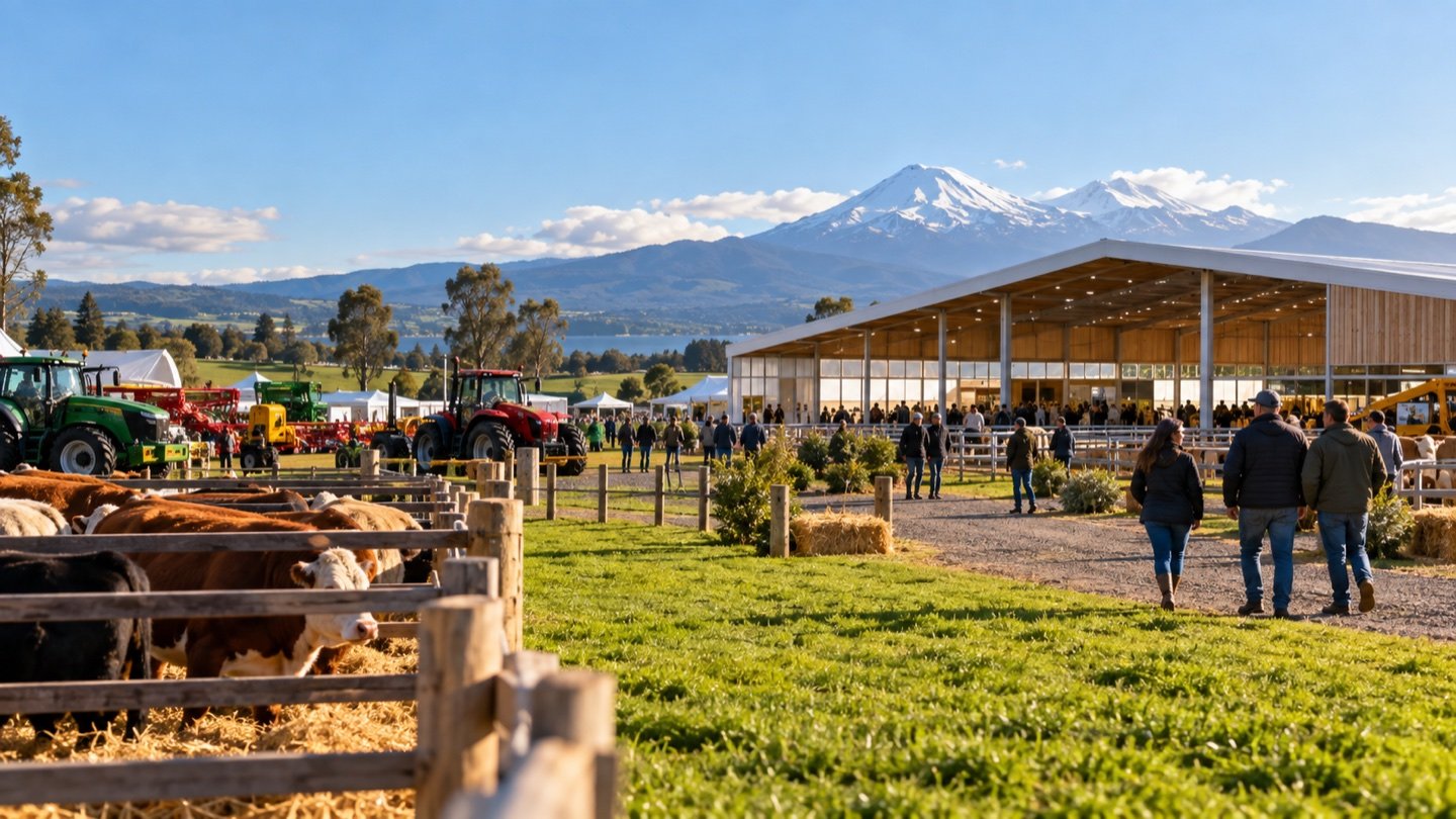 Visualización conceptual de exposición agrícola y ganadera en el sur de Chile, con pabellón, animales y paisaje andino.