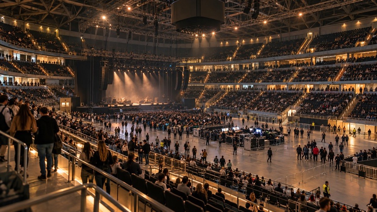 Arena urbana multipropósito con público y escenario en una jornada de evento; visualización conceptual, no fotografía de Santander Arena.