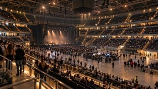 Arena urbana multipropósito con público y escenario en una jornada de evento; visualización conceptual, no fotografía de Santander Arena.