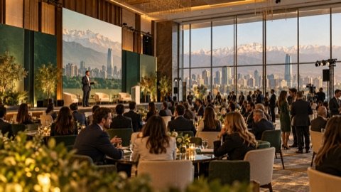 Escena editorial conceptual de una convención corporativa en un gran salón de hotel con vista a Santiago y los Andes.