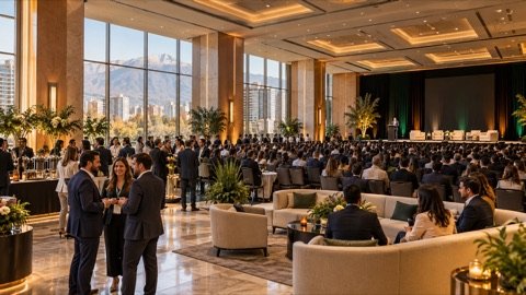 Escena editorial conceptual de un gran congreso y networking en un hotel con centro de convenciones en Santiago.