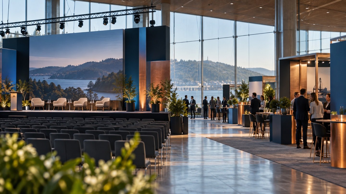 Visualización conceptual de una feria profesional en un centro de convenciones del sur de Chile, para la guía de SurActivo.