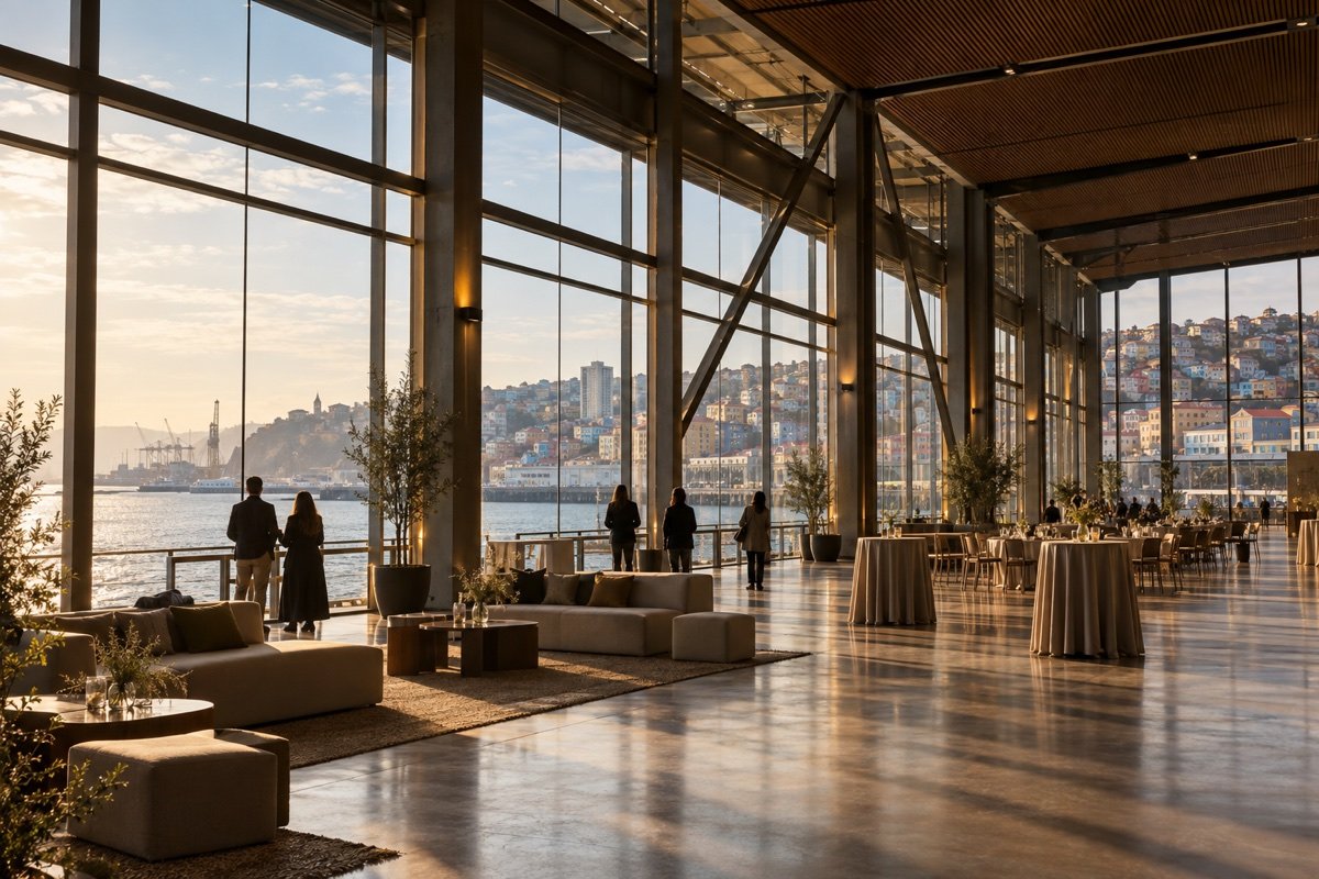 Visualización editorial de un espacio de eventos junto al puerto de Valparaíso, inspirada en el contexto marítimo del terminal.