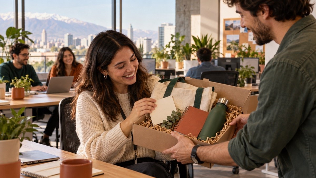 Una colaboradora recibe un obsequio de bienvenida en una oficina; la escena muestra el gesto y la relación detrás del regalo.