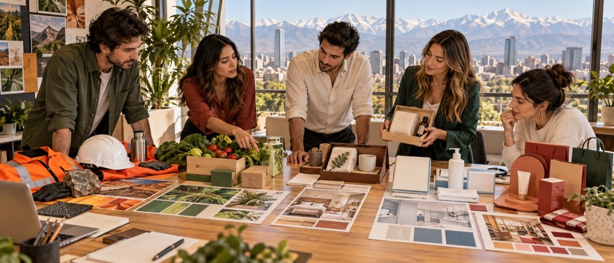 Equipo de marketing compara kits, botellas y empaques promocionales sobre una mesa de trabajo para definir qué hace pertinente a un regalo corporativo.