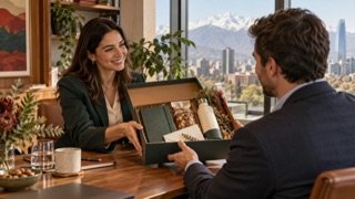Profesional presenta un set de regalo a un cliente durante una reunión de trabajo.