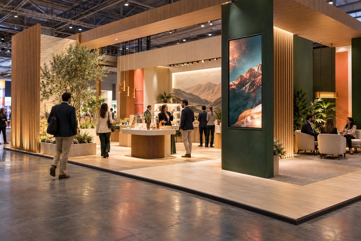 Visualización conceptual de un stand abierto, con zonas de atracción, demostración y conversación; la escena no representa un proyecto construido.